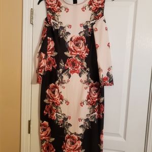 Rose Patterned Cold Shoulder Body Con Dress